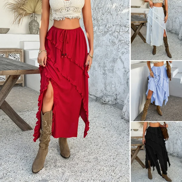 Spring Summer Collection European American Casual Vacation Style Women's Mid-Length Skirt Lace-Up Waist Chiffon - Image 2