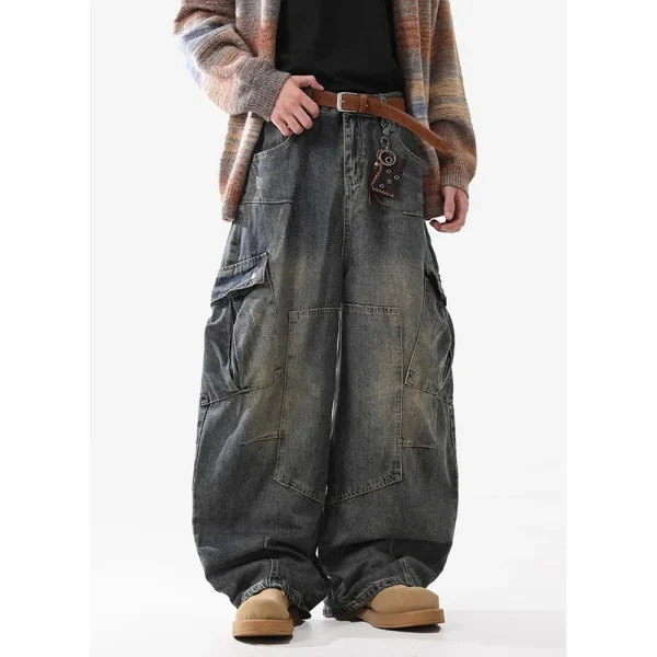 2025 Spring/Autumn Men's Scimitar Jeans Fashionable Multi-Flap Pocket Pants New Style Street-Made Distressed Washed - Image 4