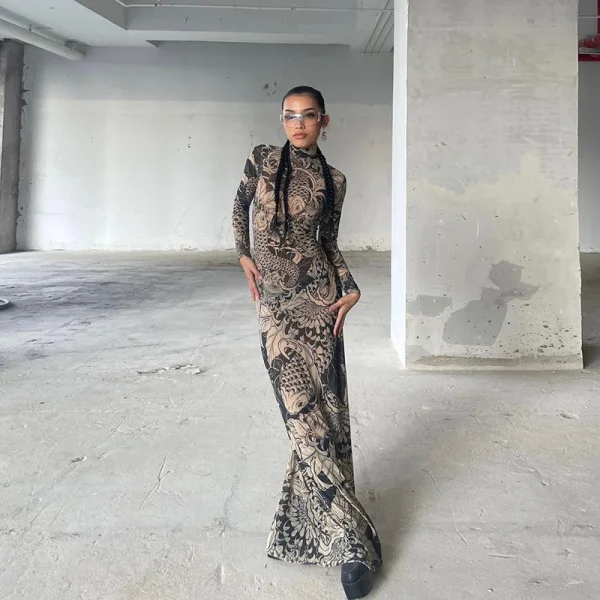 2025 Spring Summer Collection New Fashion Satin for Women High Neck Slim Fit Mesh Printed Sheer Knee-Length Natural Parties - Image 2