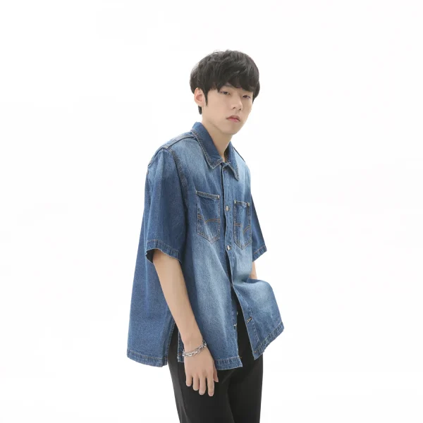 Denim Jacket Men's Summer Loose Denim Short-sleeved Shirt Shoulder Pad Coat Cardigan for Men - Image 4