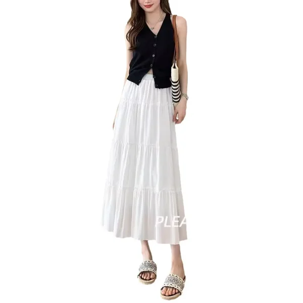 Women's White A-Line Mid-Length Skirt High-Waisted Slimming Look - Image 5