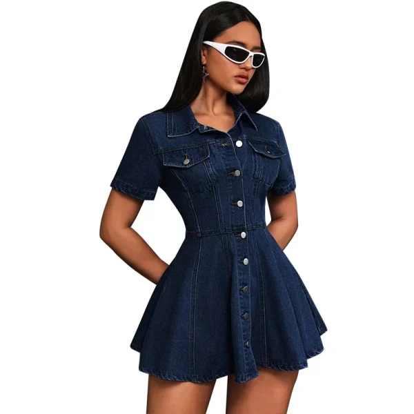 Casual Waist-Hugging Denim Dress Lapel Button Front Simple Fashion Short Sleeves Light Washed Straight Silhouette for Summer - Image 5