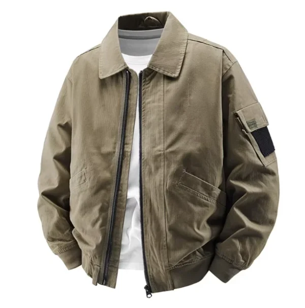 Autumn Spring Men's Vintage American Style Long Jacket Workwear Casual Coat Turn-Down Collar Pockets XL Zipper Washed Shearing - Image 2