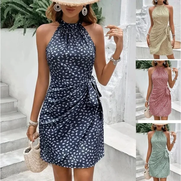2025 Popular European American Lace-Up Polka Dot Pleated Waist Halter Dress Summer Sleeveless Dress - Image 2