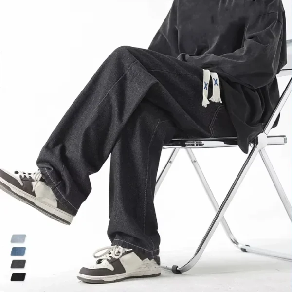 2025 Men's Spring Trendy Jeans Versatile American Retro Long Pants Loose Straight Casual Denim Washed Technique Solid