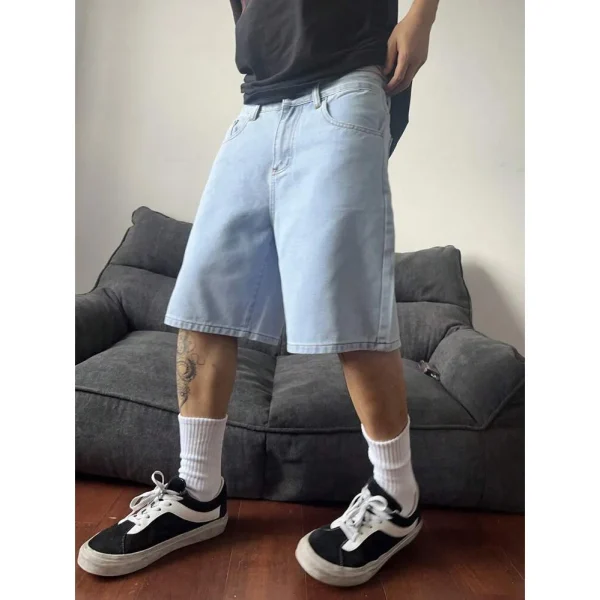 2025 Summer Trendy Retro Denim Shorts for Men Loose Casual Five-Point Pants Mid Waist Knitted Weaving Distressed Crystal - Image 2