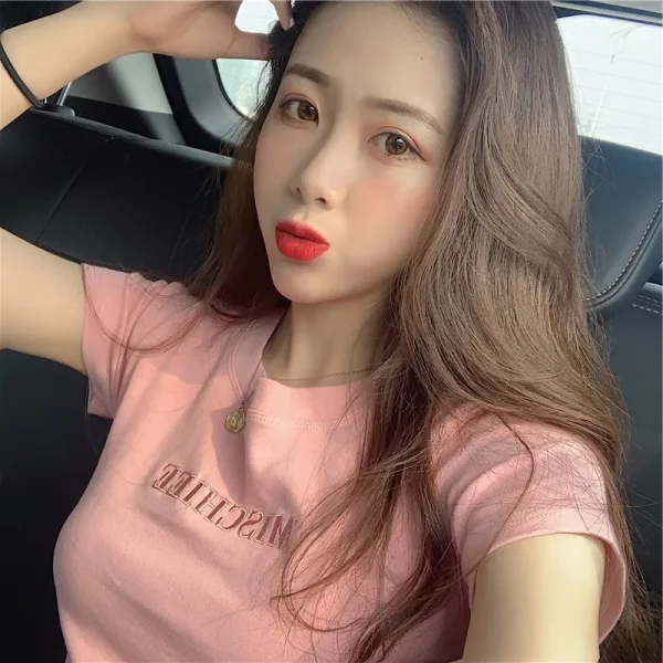 Summer New Korean Letter Embroidered Slim Short-Sleeved T-Shirt - Image 2