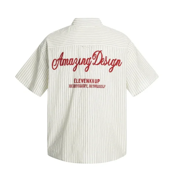 American Style Trendy Vertical Striped Embroidered Letter Men's 100% Cotton Short Sleeve Shirt Turn-down Collar Pocket Loose