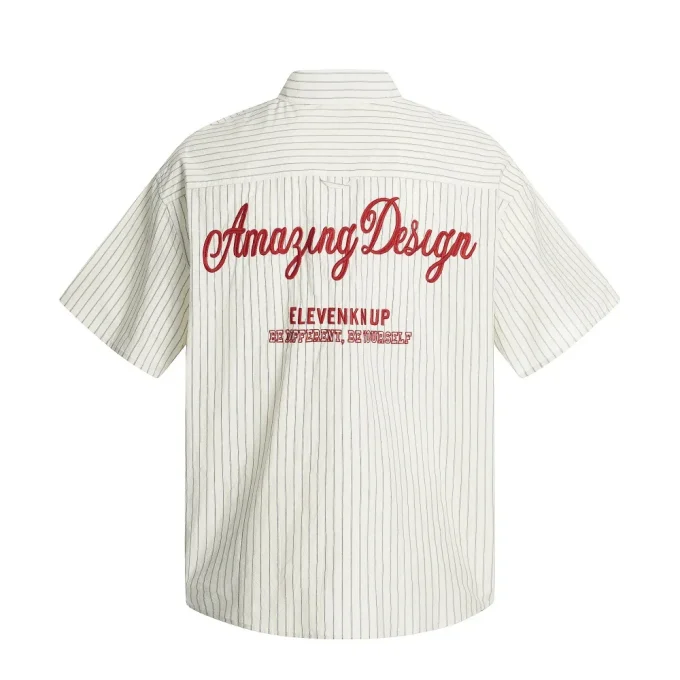 American Style Trendy Vertical Striped Embroidered Letter Men's 100% Cotton Short Sleeve Shirt Turn-down Collar Pocket Loose