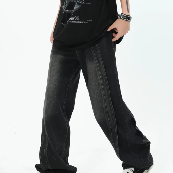 2025 Men's Trendy Straight Pants American High-End Splicing Design Distressed Jeans Denim Loose High Street Wide-Leg Autumn