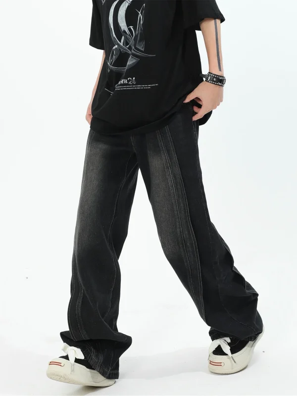 2025 Men's Trendy Straight Pants American High-End Splicing Design Distressed Jeans Denim Loose High Street Wide-Leg Autumn - Image 6