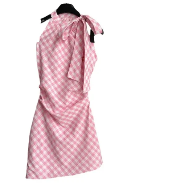 2025 Summer Trend Women's Casual Halter Neck Off-Shoulder Pink Plaid Sleeveless Dress with Irregular Bow Design Short Skirt - Image 5