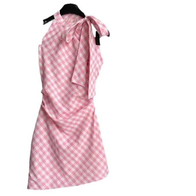 2025 Summer Trend Women's Casual Halter Neck Off-Shoulder Pink Plaid Sleeveless Dress with Irregular Bow Design Short Skirt
