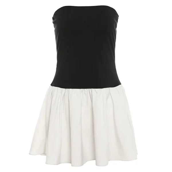 2025 Spring New Women's Fashion Slim Dress European American Style One-Line Collar Contrasting Color Stitching Pleats Waist - Image 6