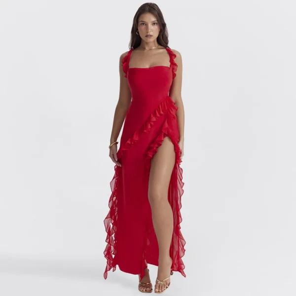 2025 Summer Autumn Cross-Border Women's Dress European American New Fashion Sexy Wooden Ear Stitches Temperament Split Parties