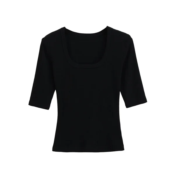 Sexy Low U-Neck Mid-Sleeve T-Shirt Elastic Slim Basic Simple Pure Color - Image 6