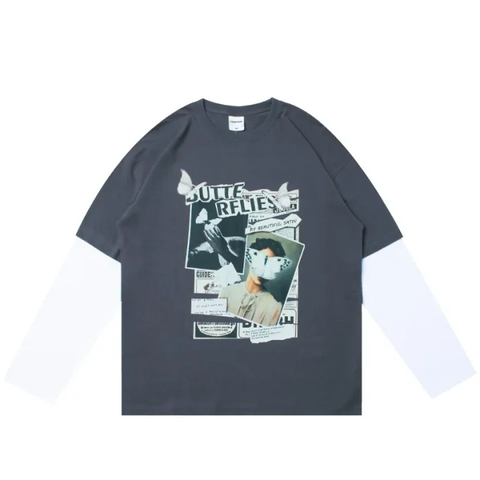 DTG Printed Long Sleeved Oversized Men's Retro Fashion Double-layer Patchwork Cotton T-shirt