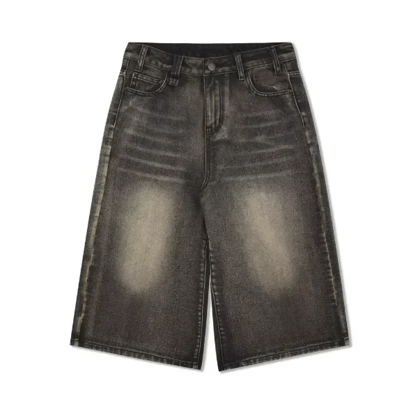 Vintage Washed Men's Denim Shorts Loose Cropped Streetwear High American Style Casual Straight Over-the-Knee Vibe Knitted