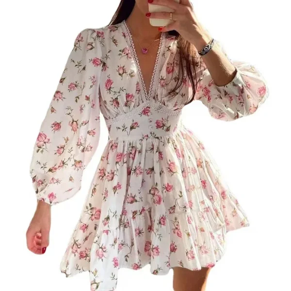 2025 European American Women's Floral V-Neck Lace Dress New Export Style Sweet Temperament Printed Summer Plain Dyed Short Dress - Image 4