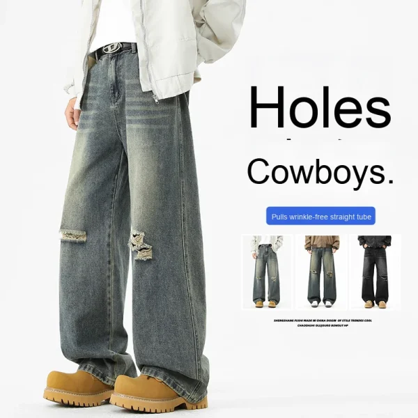 2025 Vintage Ripped Jeans for Men Loose Fit High Waist Straight Casual Pants Wide Leg All Seasons Denim Washed