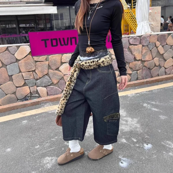 2025 European American Hiphop Street Pants Leopard Print Splicing Scimitar Jeans Embroidered Wide-Leg Cargo Pants Waist - Image 4
