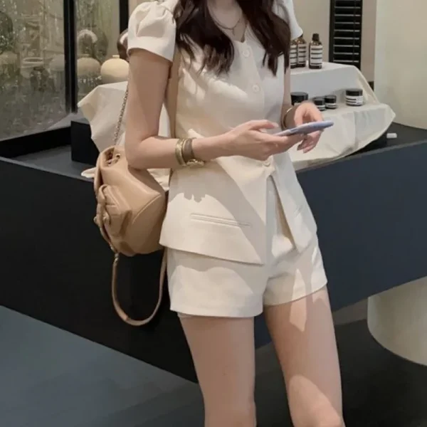 2025 Summer Elegant  Women's Vest Jacket Shorts Set Puerto Rico Complete Outfit Casual Skinny Fit Button Decoration - Image 6