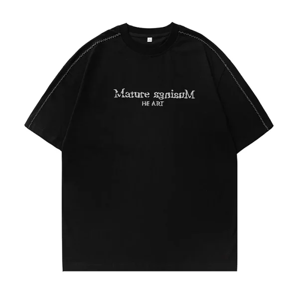 Men's Summer Half Sleeve T-Shirt Solid Pattern Cotton High Street Textured Embroidery Color-Block Stitching Broken Letter Design - Image 6