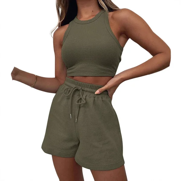 2025 Summer Women's Cross-Border Fashion Casual 2-Piece Set Sleeveless Waffle Vest and Above Knee Top Solid Color - Image 4