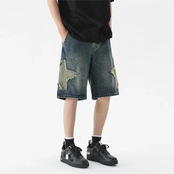 Bermuda Streetwear Distressed Star Embroidery Denim Jean Cotton Baggy Shorts for Mens