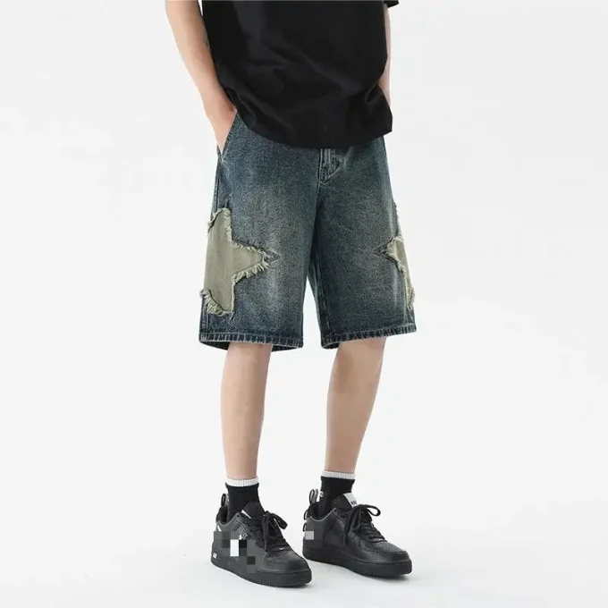 Bermuda Streetwear Distressed Star Embroidery Denim Jean Cotton Baggy Shorts for Mens
