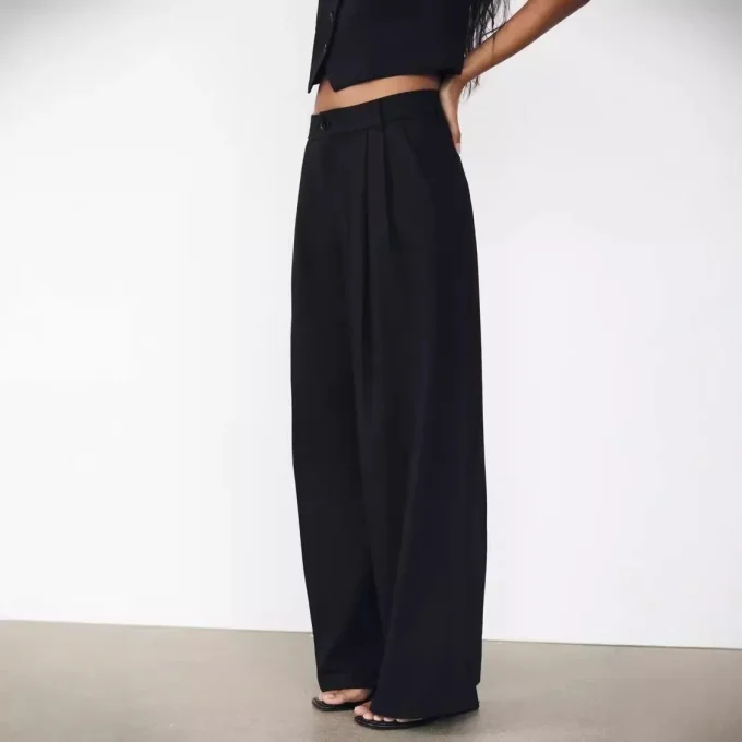 Source Women's Casual Double Pleated Loose Wide Leg Pants XS Size High for Amazon AliExpress Cross-Border