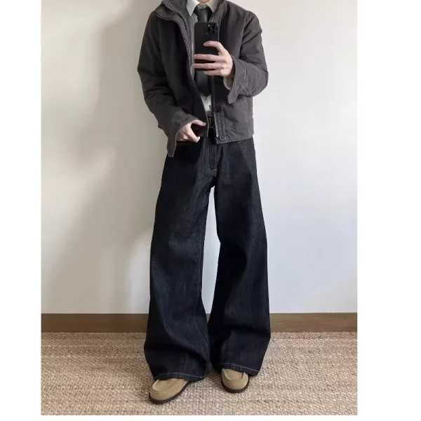 2025 New Style Old Money Black Red Cow Jeans Raw Straight Leg Slightly Flared Wide A-Line Mid Waist Loose Casual A-Line Jeans - Image 2