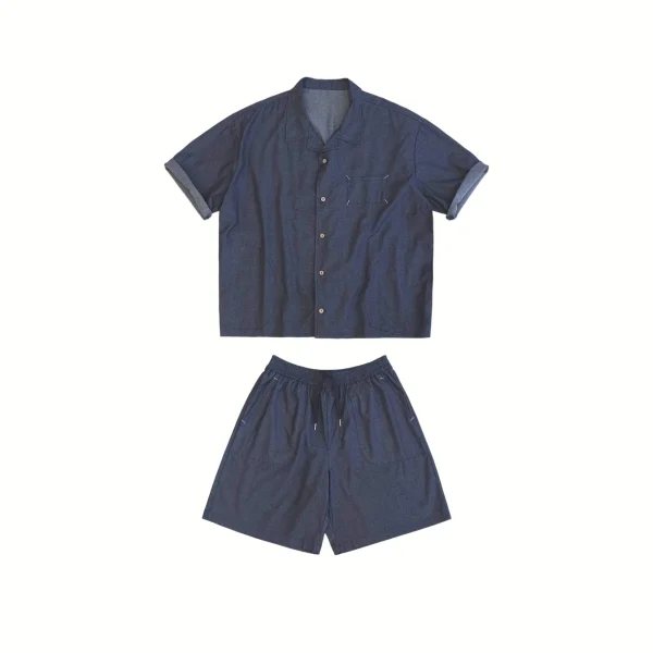 Summer Casual Unisex Shirt and Shorts  Denim Set New Oversized Cuban Collar Thin Denim Solid Turn-Down Collar Loose Fit - Image 4
