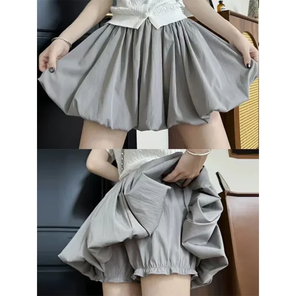 Summer New Gray Puff Skirt Pants for Women Casual Style Loose Fit Petite A-Line Slimming Puffy Pleated Skirt Nonwoven Weaving - Image 5