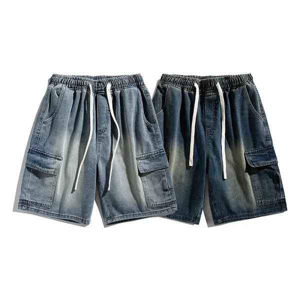 2025 Summer Men's Fashion Mid-Length Cargo Denim Shorts New Elastic Waist Cool Hip Hop Breathable Loose for College Students - Image 3