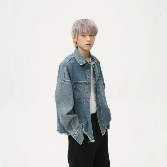 Men's Trendy Denim Jacket New American Retro Punk Metal Decor Frayed Hem Casual Style Front Rabbit XS for Spring - Image 4