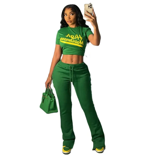 Sexy Printed Navel-revealed Short Sleeves High Waist Slim Trousers Casual Suit for Women - Image 5