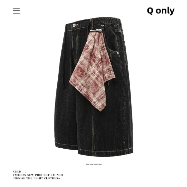2025 Color-Block Square Scarf Design Denim Shorts Unisex Loose Summer Casual Cropped Pants Straight Breathable - Image 4