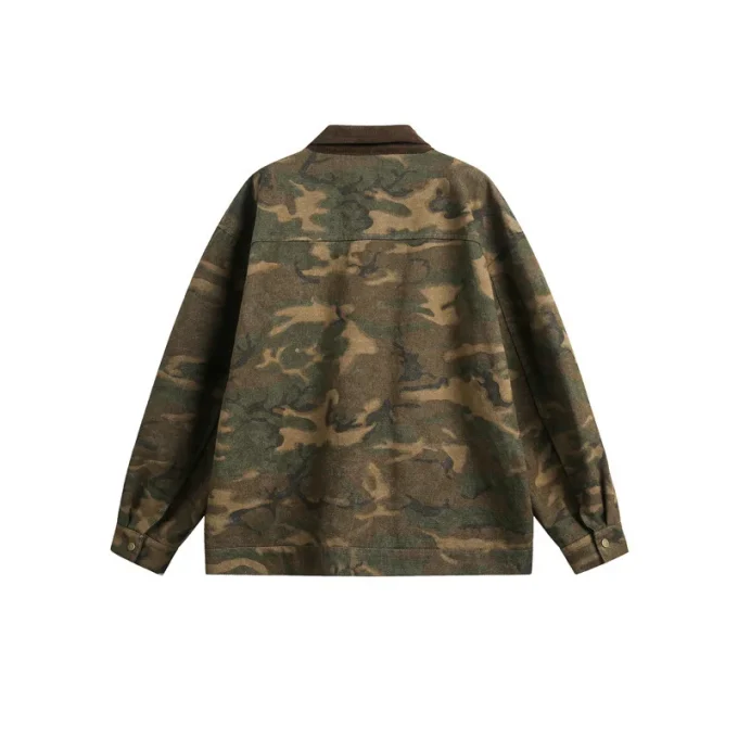 2025 Spring New Japanese Retro Style Unisex Cardigan Trendy Rabbit Fur Lapel Camouflage Jacket Coat Front Zipper Finished