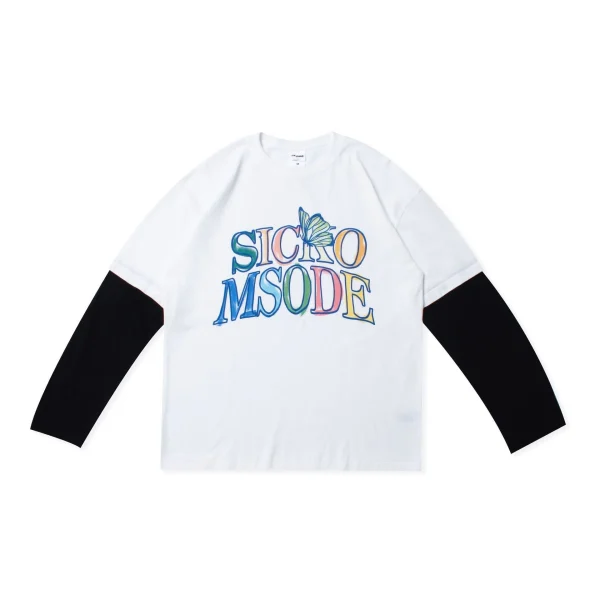 DTG Printed Long Sleeved Oversized Men's Retro Fashion Double-layer Patchwork Cotton T-shirt