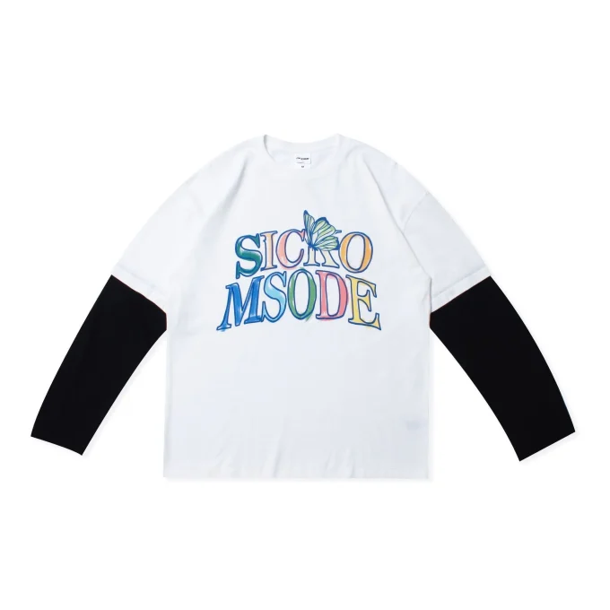 DTG Printed Long Sleeved Oversized Men's Retro Fashion Double-layer Patchwork Cotton T-shirt