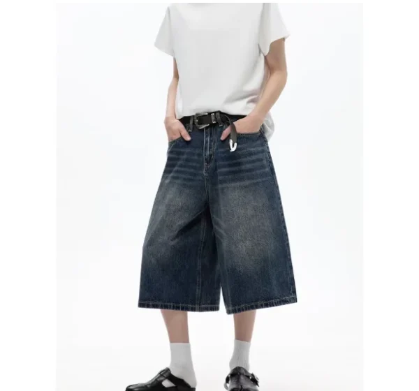 MDQ Men's Cropped Denim Shorts 100% Cotton American Retro Vintage Button Mid Loose Fit New Washed Print for Summer Casual - Image 5