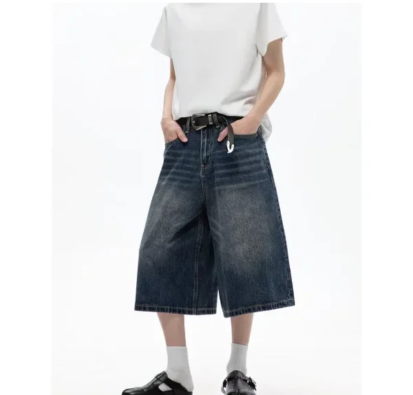 MDQ Men's Cropped Denim Shorts 100% Cotton American Retro Vintage Button Mid Loose Fit New Washed Print for Summer Casual