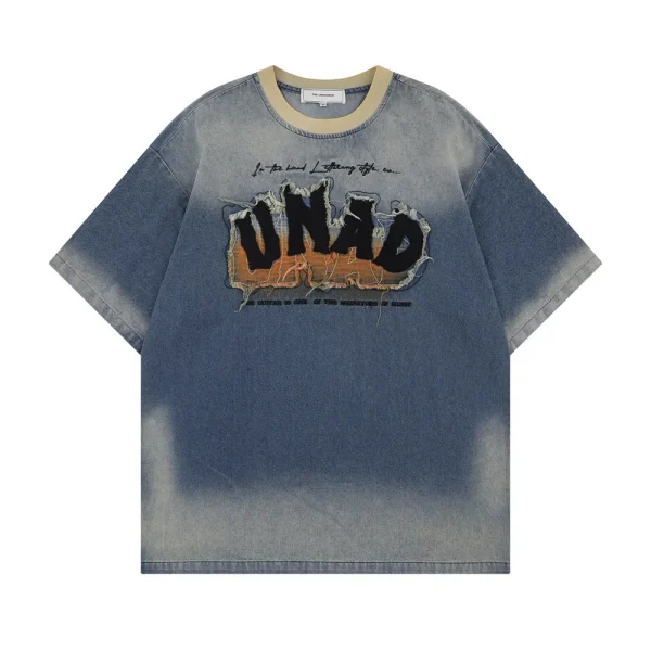 Letter Patch Embroidery Men's T-Shirt for Summer High Street Loose Gradient Color Block O-Neck Casual Short Sleeve T-Shirt