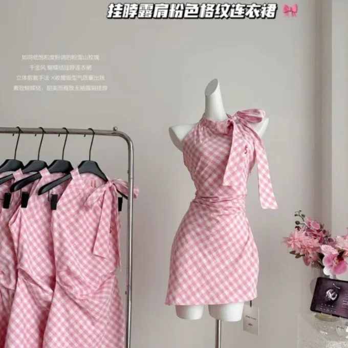 2025 Summer Trend Women's Casual Halter Neck Off-Shoulder Pink Plaid Sleeveless Dress with Irregular Bow Design Short Skirt