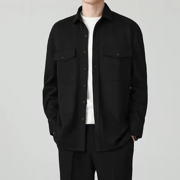 American Men's Casual Lapel Shirt Heavy Woolen Pure Color Long Sleeve Autumn Work Clothing Knitted Outwear - Image 6