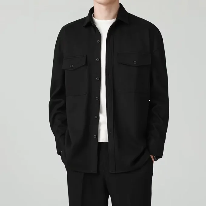 American Men's Casual Lapel Shirt Heavy Woolen Pure Color Long Sleeve Autumn Work Clothing Knitted Outwear