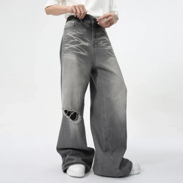 2025 Summer Men's Fashion New Vintage Washed Distressed Straight Wide-Leg Baggy Floor-Length Jeans Gray Denim Fabric - Image 5