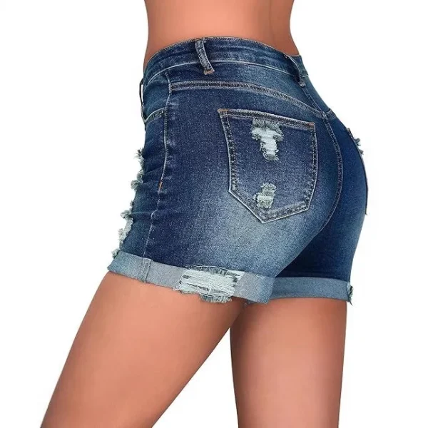 Women's High-Waist Elastic Denim Shorts Vintage Ripped Hem Straight Skinny Fit Casual Sexy Breathable Washed Button for Summer - Image 5