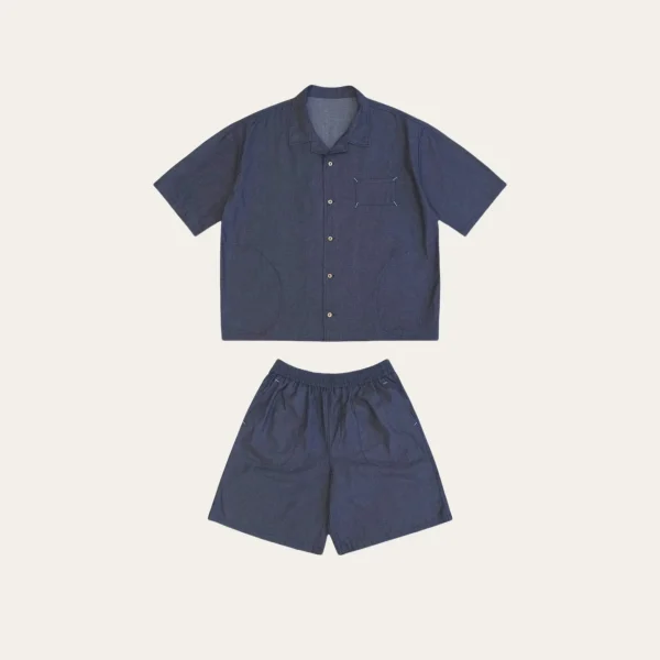 Summer Casual Unisex Shirt and Shorts  Denim Set New Oversized Cuban Collar Thin Denim Solid Turn-Down Collar Loose Fit